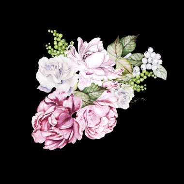 Çiçekli ve şakayıklı güzel suluboya düğün çiçekleri. 