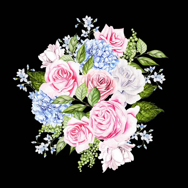 Piękny akwarelowy bukiet ślubny z akwarelowymi różami, hortensjami, liśćmi i jagodami. — Zdjęcie stockowe