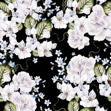 Suluboya hassas düğün güller ve farklı çiçeklerle kusursuz desen. 