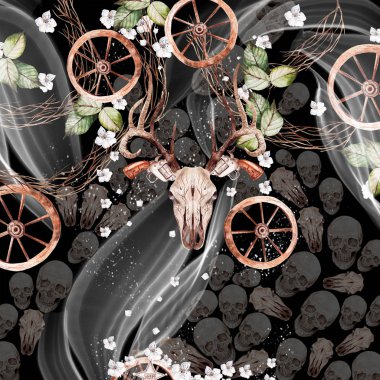 Çiçekler ve kafataslarıyla suluboya Vahşi Batı kartı. 