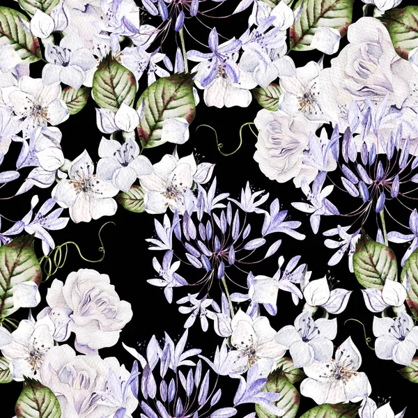 Aquarell zarte Hochzeit nahtloses Muster mit Rosen und verschiedenen Blumen. — Stockfoto