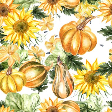 Balkabağı sebzeli ve ayçiçekli parlak sulu boya deseni. 