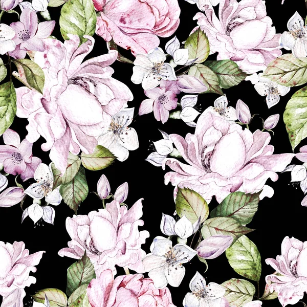 Beautiful watercolor seamless pattern with roses and anemone flowers. — Stock Photo, Image