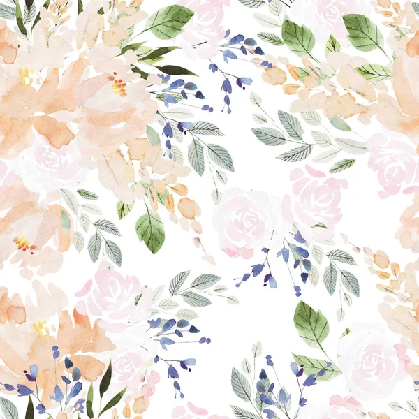 Beau motif aquarelle sans couture avec des roses et des fleurs de pivoine . — Photo