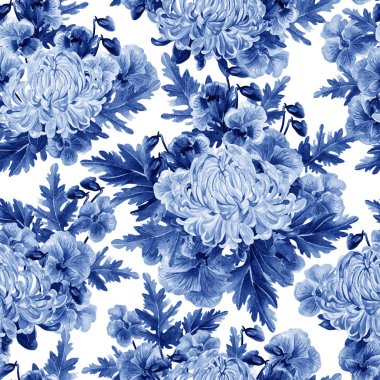 Krizantem ve menekşeler çiçekleri ile parlak suluboya sonbahar Dikişsiz desen.