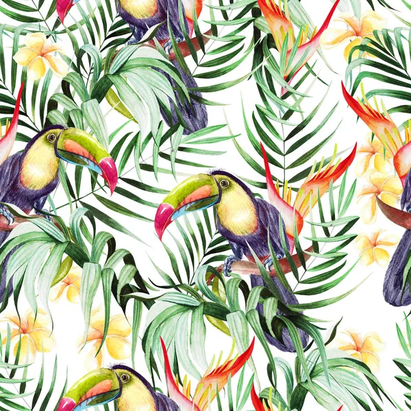 Beautiful watercolor seamless pattern with tropical leaves and bird tukan, hibiscus flowers and strelitzia. — Stock Photo, Image