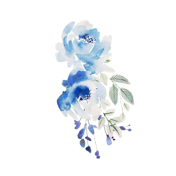 Bela grinalda de casamento aquarela azul com flores de rosas e peônia, folhas . — Fotografia de Stock