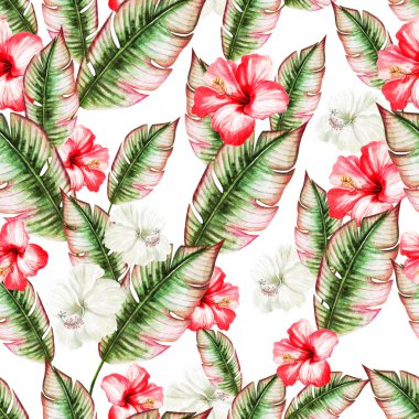 Güzel suluboya desenli, tropikal yapraklı ve çiçekli.. 