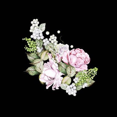 Güller, şakayıklar ve böğürtlenlerle suluboya güzel düğün.