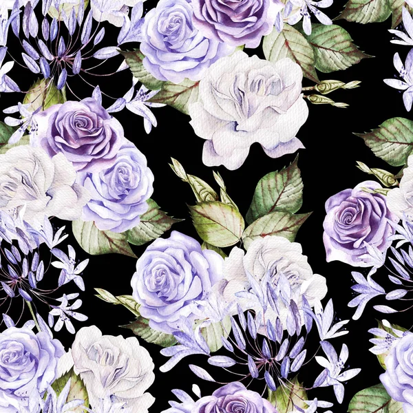 Красивий акварельний безшовний візерунок з білими та фіолетовими трояндами, бутон . — стокове фото