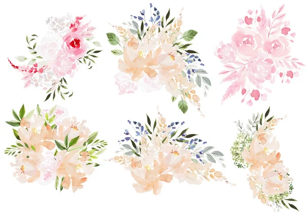 Красивая акварель свадебный набор с букетами из цветов роз и пиона, листья . — стоковое фото