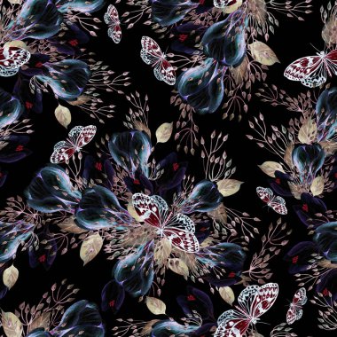 Eucaluptys, çiğdem ve kelebek ile güzel suluboya dikişsiz düğün deseni. 