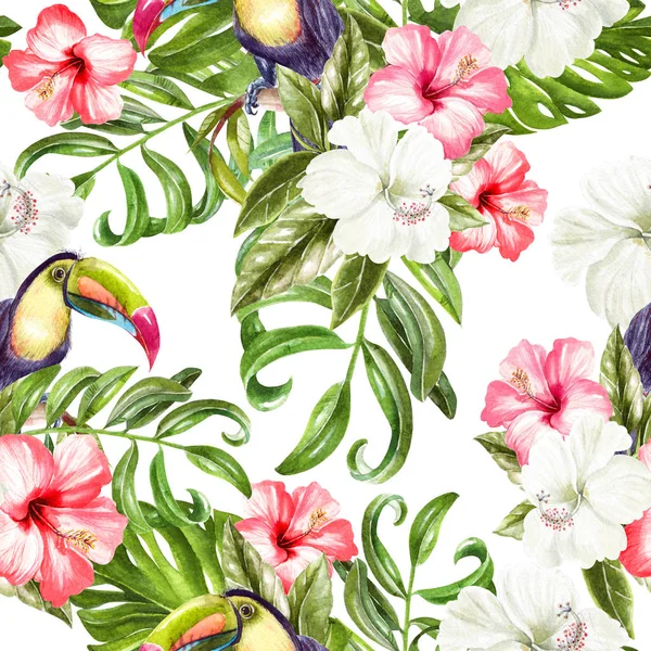 Luminoso modello colorato senza soluzione di continuità con foglie tropicali e fiori di ibisco, uccello toucan . — Foto Stock