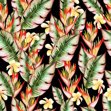 Tropikal yaprakları ve strelitzia çiçekleri olan güzel sulu boya deseni.. 