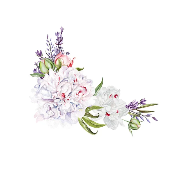 Wunderschönes Aquarell-Brautstrauß mit Aquarell-Pfingstrose, Lavendel, Blättern und Beeren. — Stockfoto