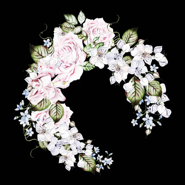 Beautiful watercolor wedding wreath with roses and buds. — Stock Photo, Image