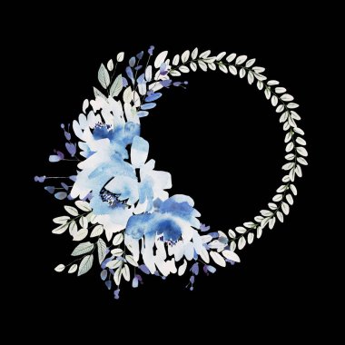 Güzel suluboya düğün mavi çelengi gül, çiçek ve şakayık yapraklı. 