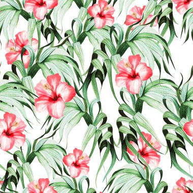 Güzel suluboya desenli, tropikal yapraklı ve çiçekli.. 