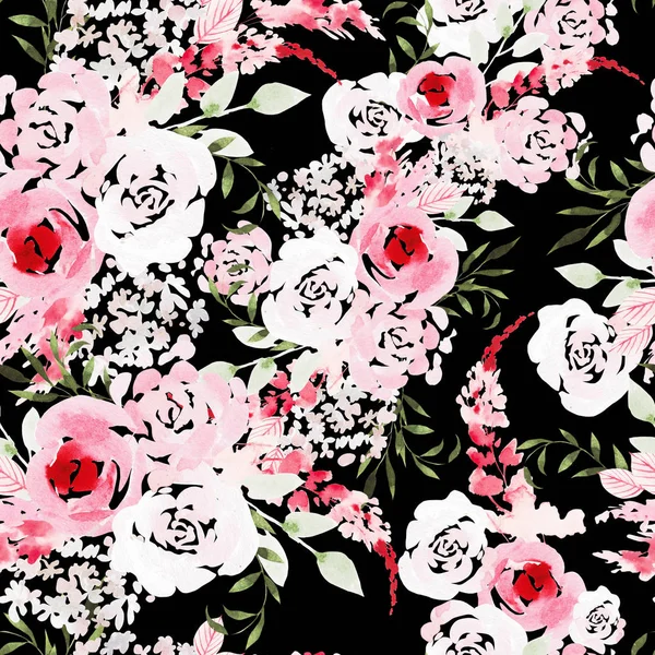 Hermoso patrón sin costuras de acuarela con rosas y flores de peonía . —  Fotos de Stock
