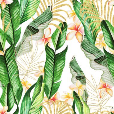 Altın, yeşil tropikal yapraklar ve plumerya çiçekleriyle kusursuz güzel suluboya desenler.. 