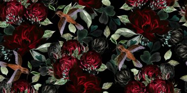 Eucaluptys, şakayık ve gül ile güzel suluboya Dikişsiz düğün deseni.