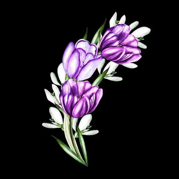 Ramo de acuarela con tulipán y peonía . — Foto de Stock