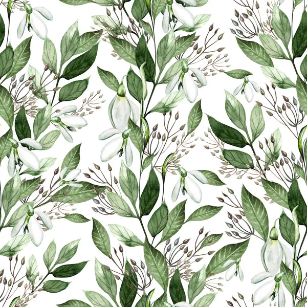 Watercolor pattern with leaves and snowdrops flowers. — 스톡 사진