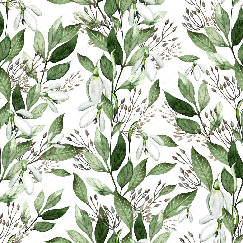 Watercolor pattern with leaves and snowdrops flowers. 