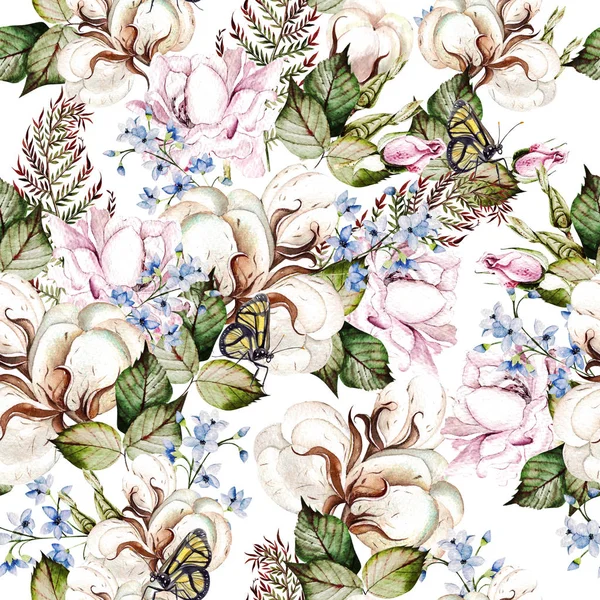 Beautiful  watercolor seamless pattern with cotton and roses flowers. — Stock Photo, Image