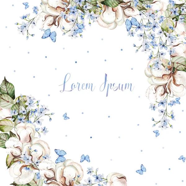 Akvarell bröllopskort med bomull och blå blommor, blad. — Stockfoto