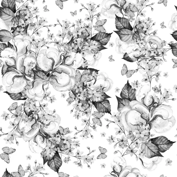 Beautiful  watercolor seamless pattern with cotton and forgot me not flowers, butterfly and leaves. — Stock Photo, Image