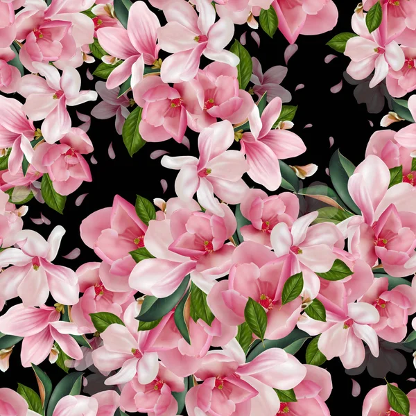 Beautiful pattern with magnolia flowers, leaves and petals. — Stock Photo, Image