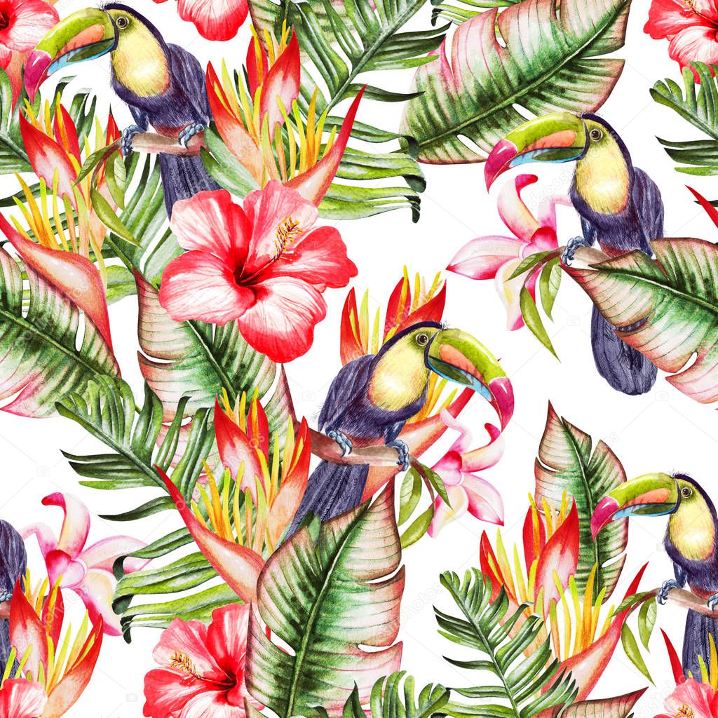 Beautiful watercolor seamless pattern with tropical leaves and bird tukan, hibiscus flowers and strelitzia. 