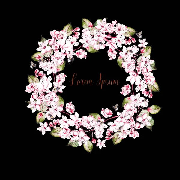 桜の花と明るい水彩の花輪. — ストック写真