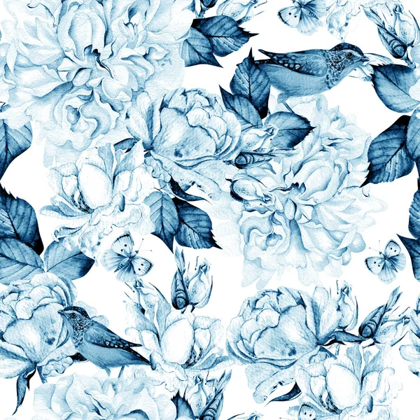 Όμορφη ακουαρέλα αδιάλειπτη μοτίβο με τριαντάφυλλα και παιώνια, πουλιά, πεταλούδες. — Φωτογραφία Αρχείου