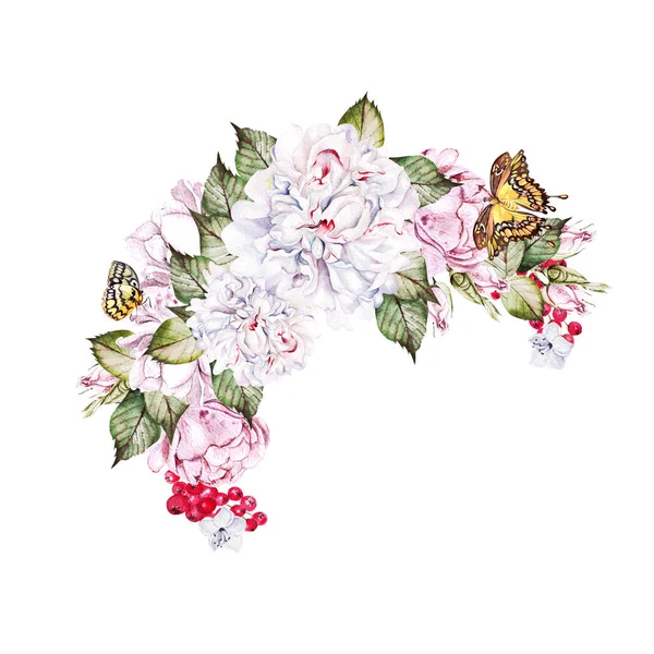 Belle carte aquarelle avec pivoine, rose et feuilles. Couronne de mariage. — Photo