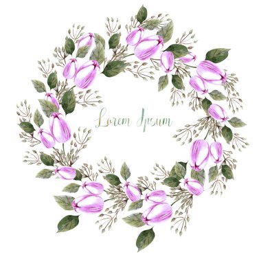 Laleli ve yapraklı suluboya düğün çelengi.