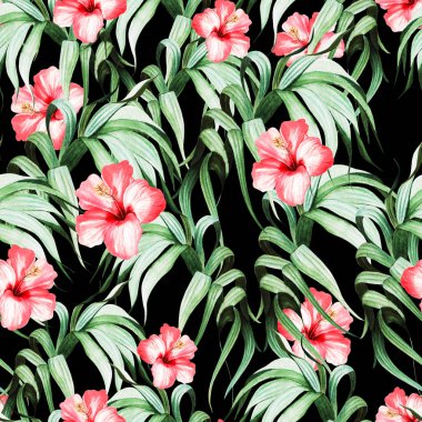 Güzel suluboya desenli, tropikal yapraklı ve çiçekli.. 