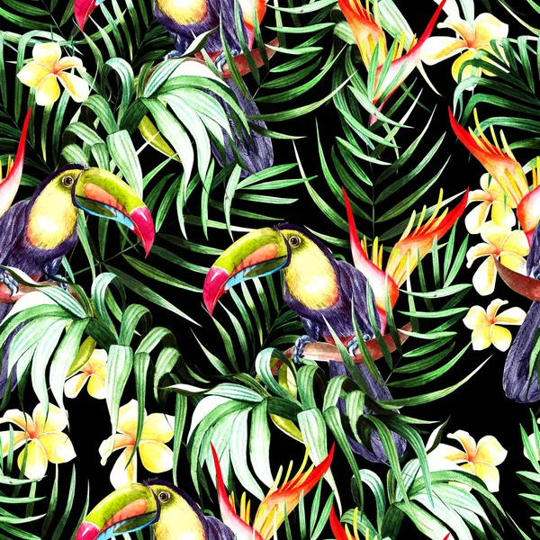 Bella acquerello modello senza soluzione di continuità con foglie tropicali e uccelli tukan, fiori di ibisco e strelitzia. — Foto Stock