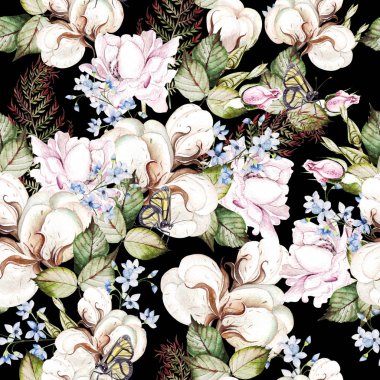 Güzel suluboya desenli pamuk ve güllerle. 