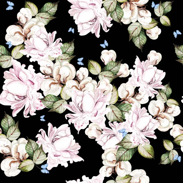 Beautiful  watercolor seamless pattern with cotton and roses flowers. — Stock Photo, Image