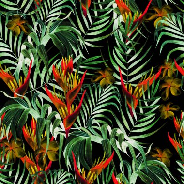 Tropikal yaprakları, amber çiçekleri ve strelitzia 'sı olan güzel suluboya deseni.. 