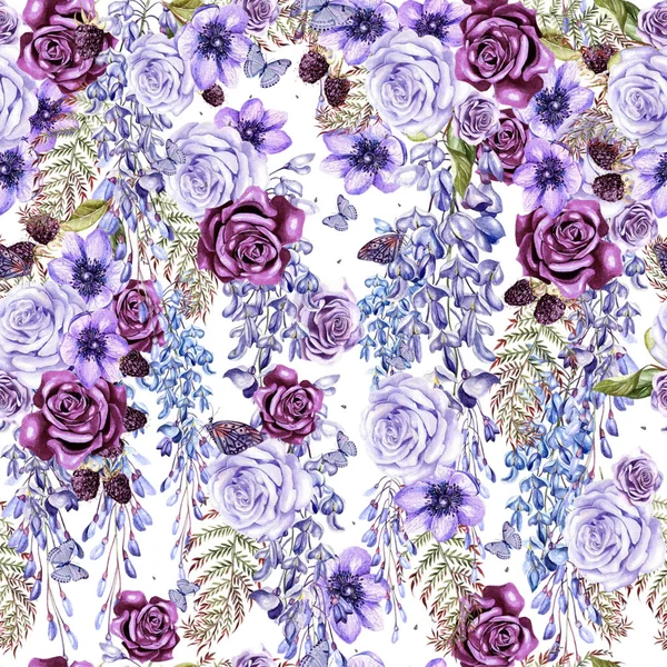 Beautiful watercolor seamless floral summer pattern background with tropical flowers, wisteria, roses, anemone. — Stock Photo, Image
