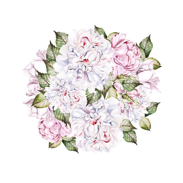 Belle carte aquarelle avec pivoine, rose et feuilles. Couronne de mariage. — Photo