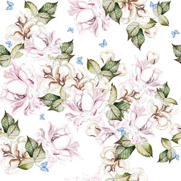 Beautiful  watercolor seamless pattern with cotton and roses flowers. — 스톡 사진