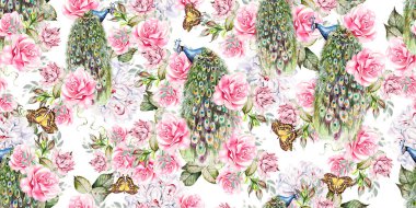 Şakayık, gül, sulu çiçek ve tavus kuşu desenli suluboya desen. 