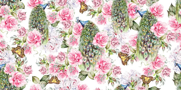 Aquarel kleurrijk patroon met pioen, rozen, sappige bloemen en pauw. — Stockfoto