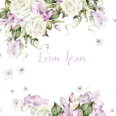 Güllü ve şakayıklı suluboya düğün kartı.