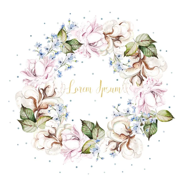 Bright watercolor  wreath with forgot me not  flowers,roses and cotton. — Stock Photo, Image