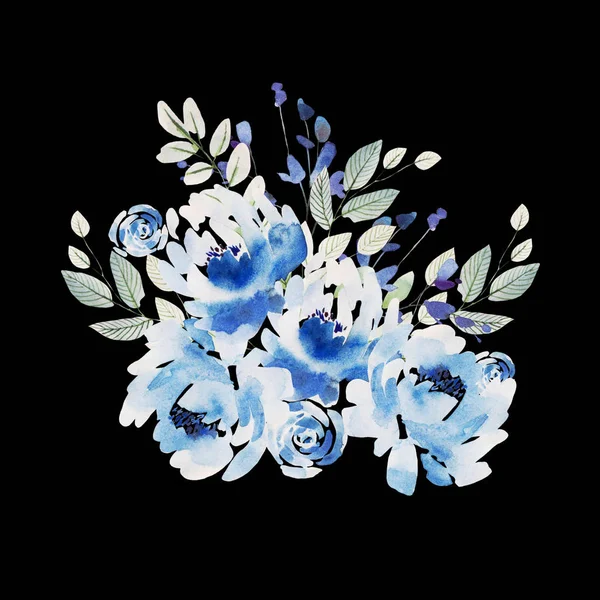 Hermosa corona azul boda acuarela con rosas flores y peonía, hojas . —  Fotos de Stock